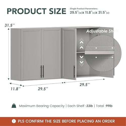 Wall Storage Cabinet - Kitchen Laundry Wall Amount Cabinet with Two Shaker Doors and Shelf, in Grey, 24'Wx2 Pcs