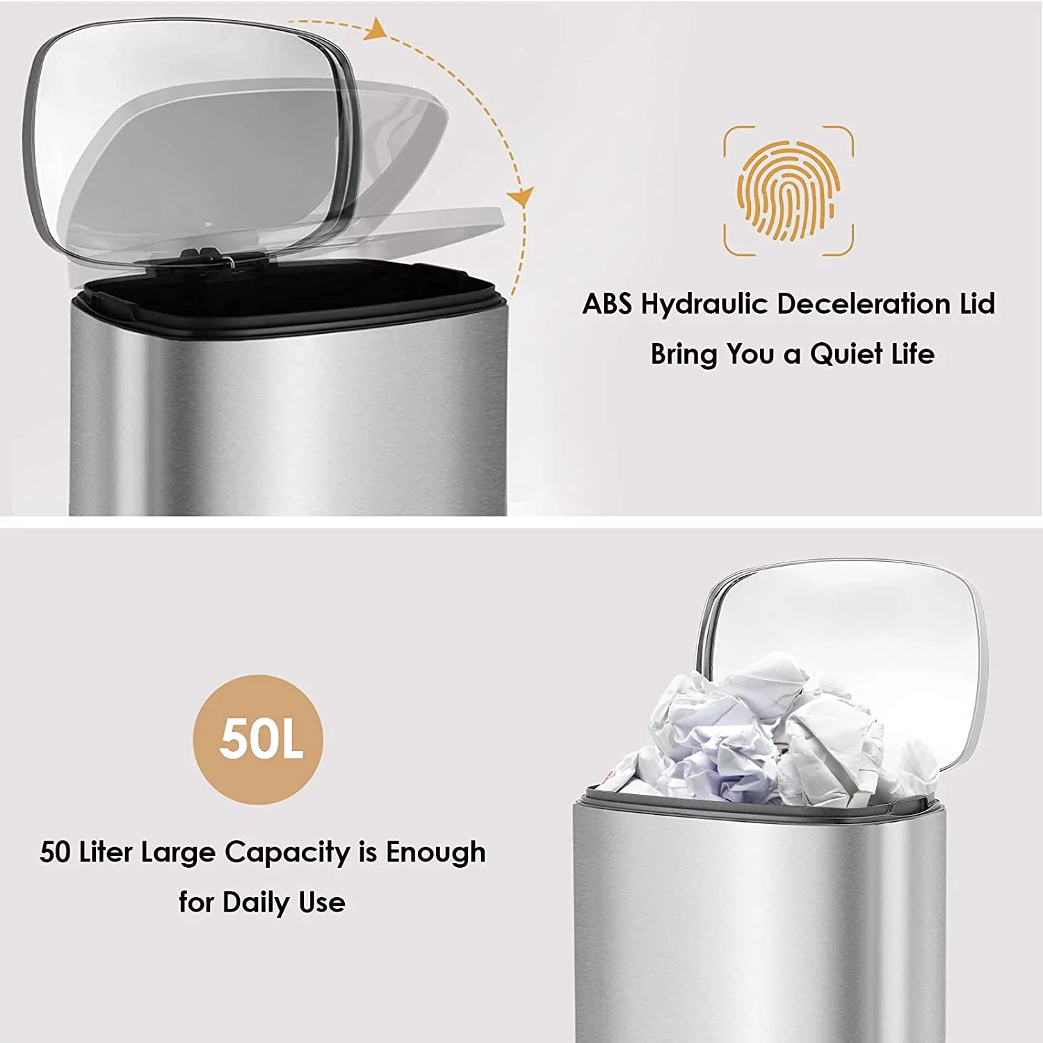 Pirecart 13.2 Gallon / 50L Stainless Steel Garbage Can for Office Bedroom Bathroom