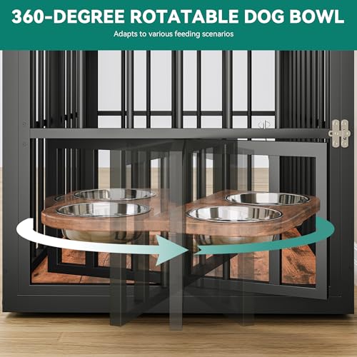 YITAHOME 88.6" Large Corner Dog Crate Furniture for 2 Dogs, Large Wooden Dog Kennel with Dog Bowls & 3 Doors
