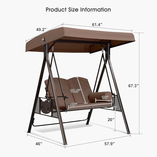 PURPLE LEAF 3-Seat Deluxe Outdoor Patio Porch Swing with Weather Resistant Steel Frame, Adjustable Tilt Canopy, Cushions and Pillow Included, Beige