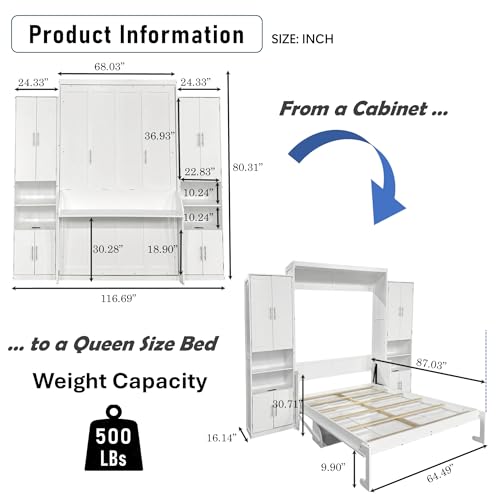 Queen Size Murphy Bed with Desk & Charging Station,Wall Bed Frame Folding into Cabinet Design w/LED & Storage Shelf for Small Space,Bedroom