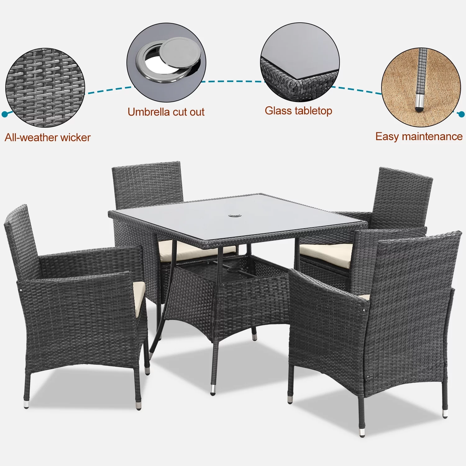 CozyHom 5 Pcs Outdoor Patio Wicker Furniture Dining Table Sets, Sectional Conversation Glass Dining Table Chairs Set for 4 with Umbrella Hole, Grey