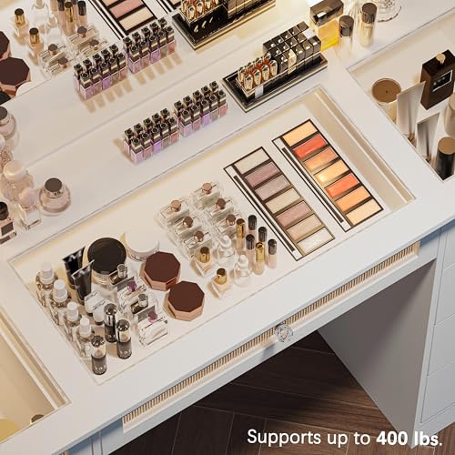 Vanity Desk with Mirror and Lights, Glass Top Vanity with 9 Drawers Including 3 LED Drawers, 4 Shelves & Power Outlet