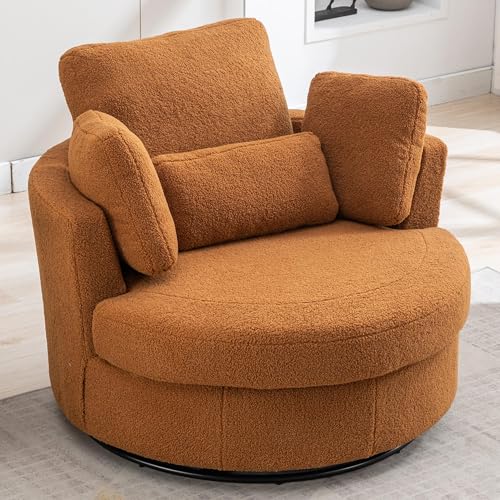 Aoiy & Wifon 42.2" W Oversized Swivel Barrel Chair with Ottoman, Upholstered Round Accent Chair with Storage Ottoman, Chenille, Beige