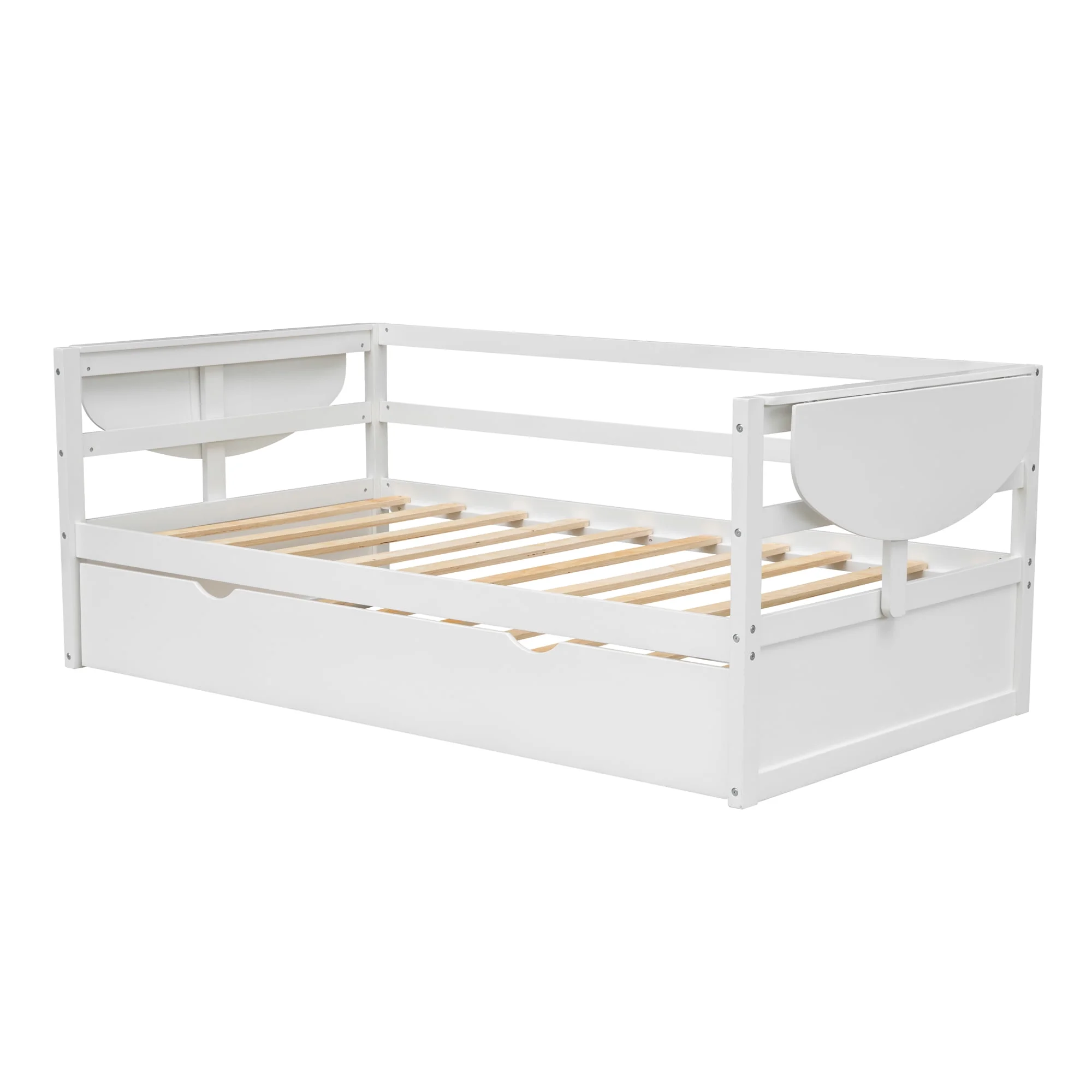 Euroco Pine Wood Twin Size Daybed with Trundle and Foldable Tables, White