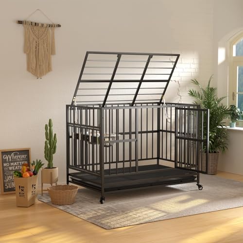 LOVMOR 48" Heavy-Duty Dog Crate with Wheels, Air-Lift Top, Dual 360° Adjustable Bowls – Ideal for Large Dogs