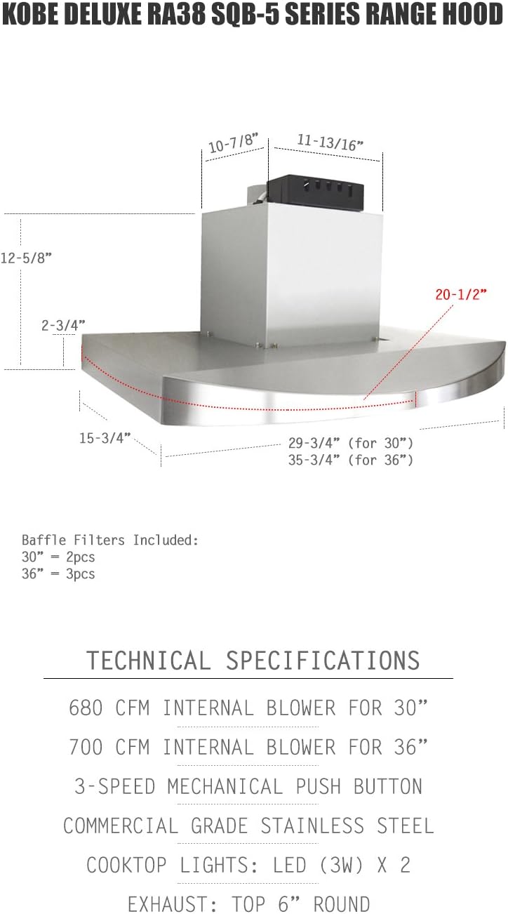 KOBE Range Hoods RA3836SQB-5 Under Cabinet Range Hood, 36-Inch, Stainless steel