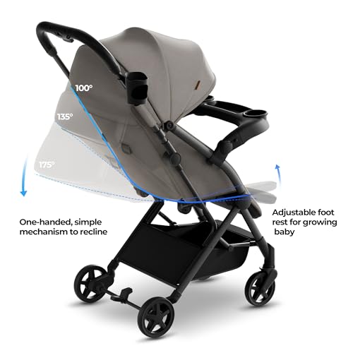 Mompush Lithe V2 Lightweight Stroller + Snack Tray, Ultra-Compact Fold & Airplane Ready Travel Stroller, Near Flat Recline Seat, Cup Holder