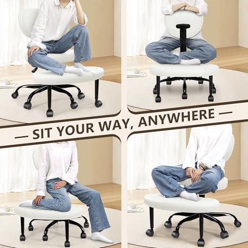 Ergonomic Cross Legged Office Chair with Wheels - Adjustable Height for Meditation, ADHD Desk & Yoga - Wide Criss Cross Design with Lumbar Support