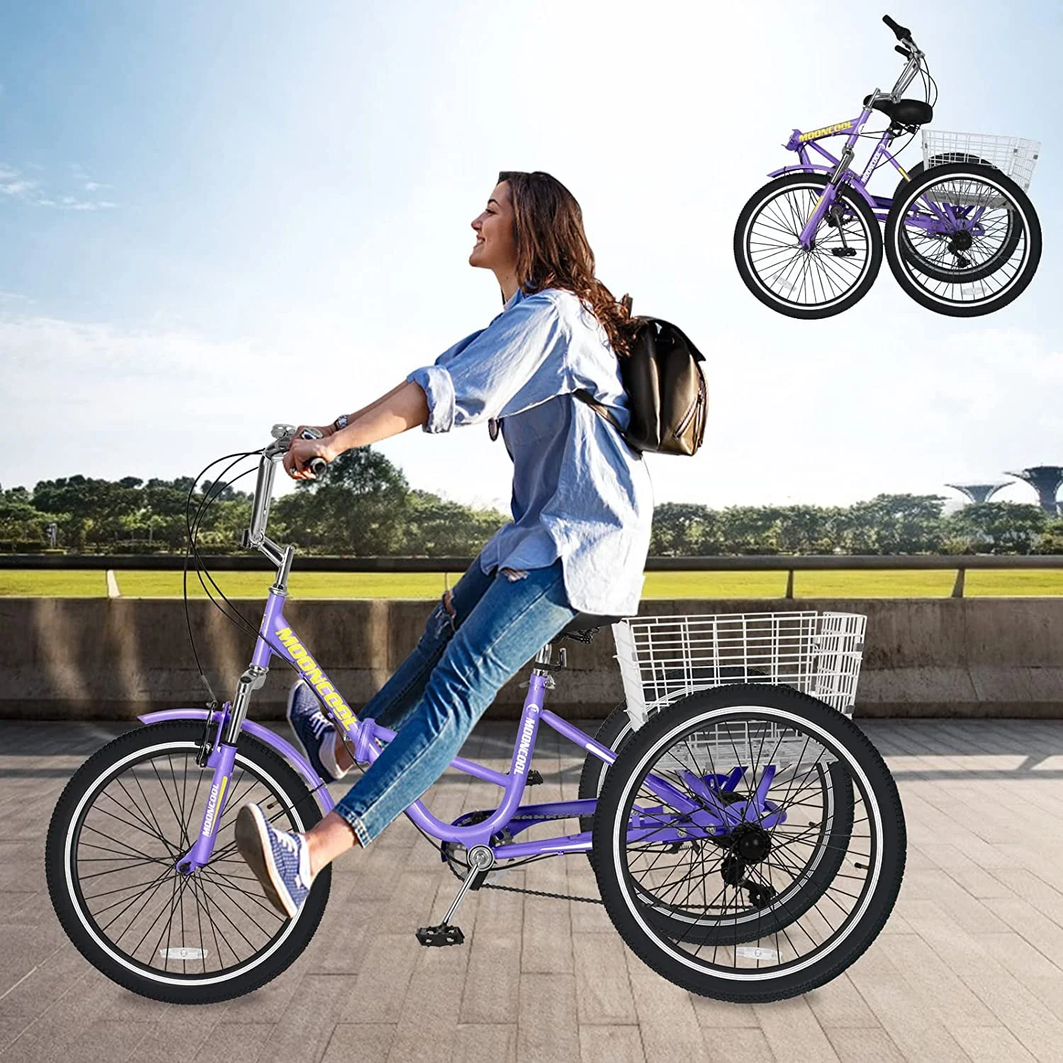 MOONCOOL Adult Folding Tricycle for Adults, 7 Speed 20/24/26 inch 3 Wheels Bikes with Basket, Foldable Tricycle for Adults, Women, Men, Seniors