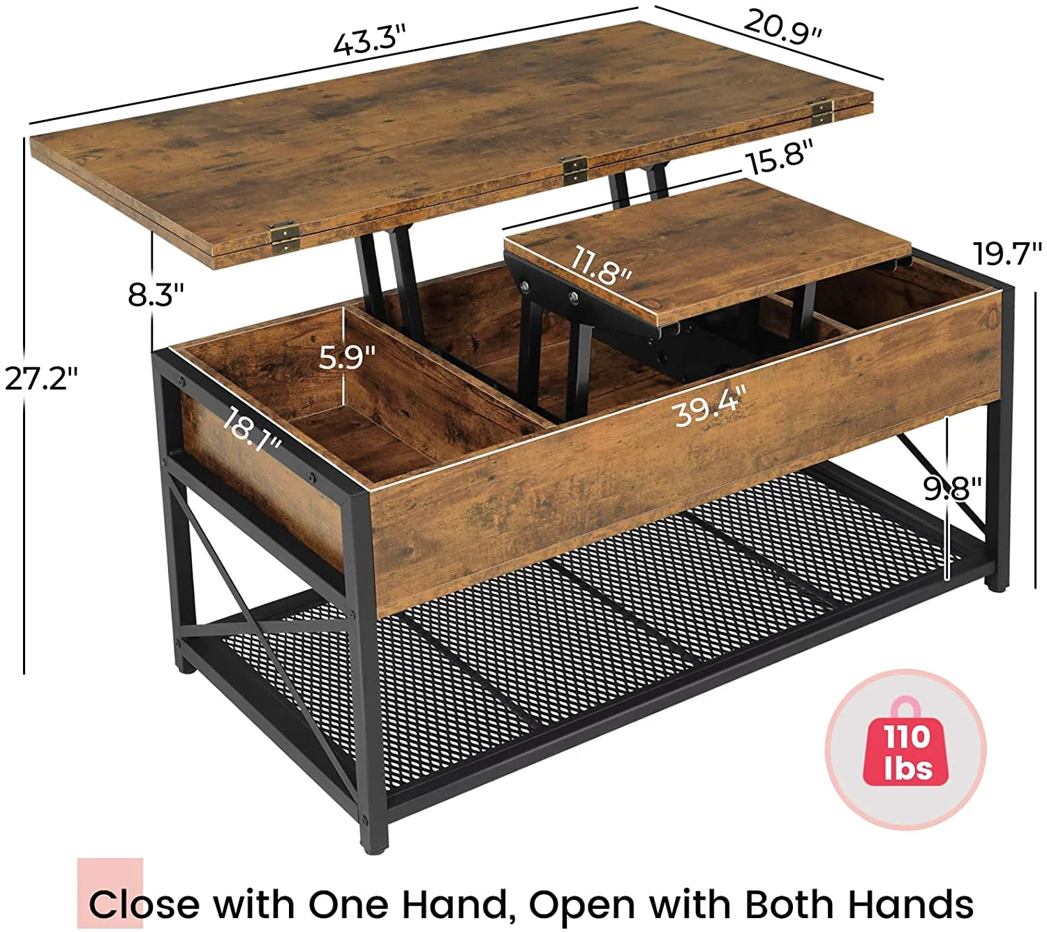 3 in 1 Multi-Function Coffee Table, Lift Top Coffee Table with Storage for Living Room, Rustic Brown - Curated Treasures Market