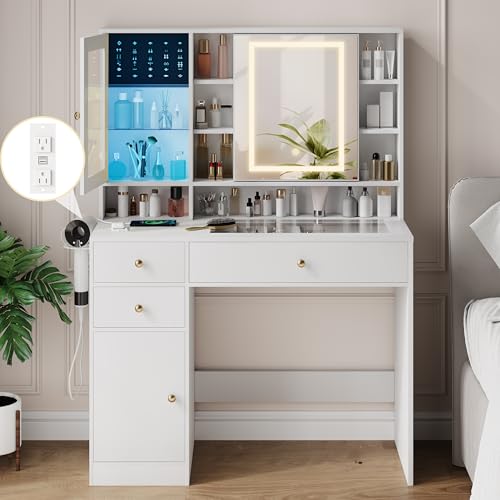 Makeup Vanity Desk with Mirror and Lights, White Vanity with Glass Top, LED Lights & Power Outlet, 3 Drawers & 2 RGB Glass Cabinets