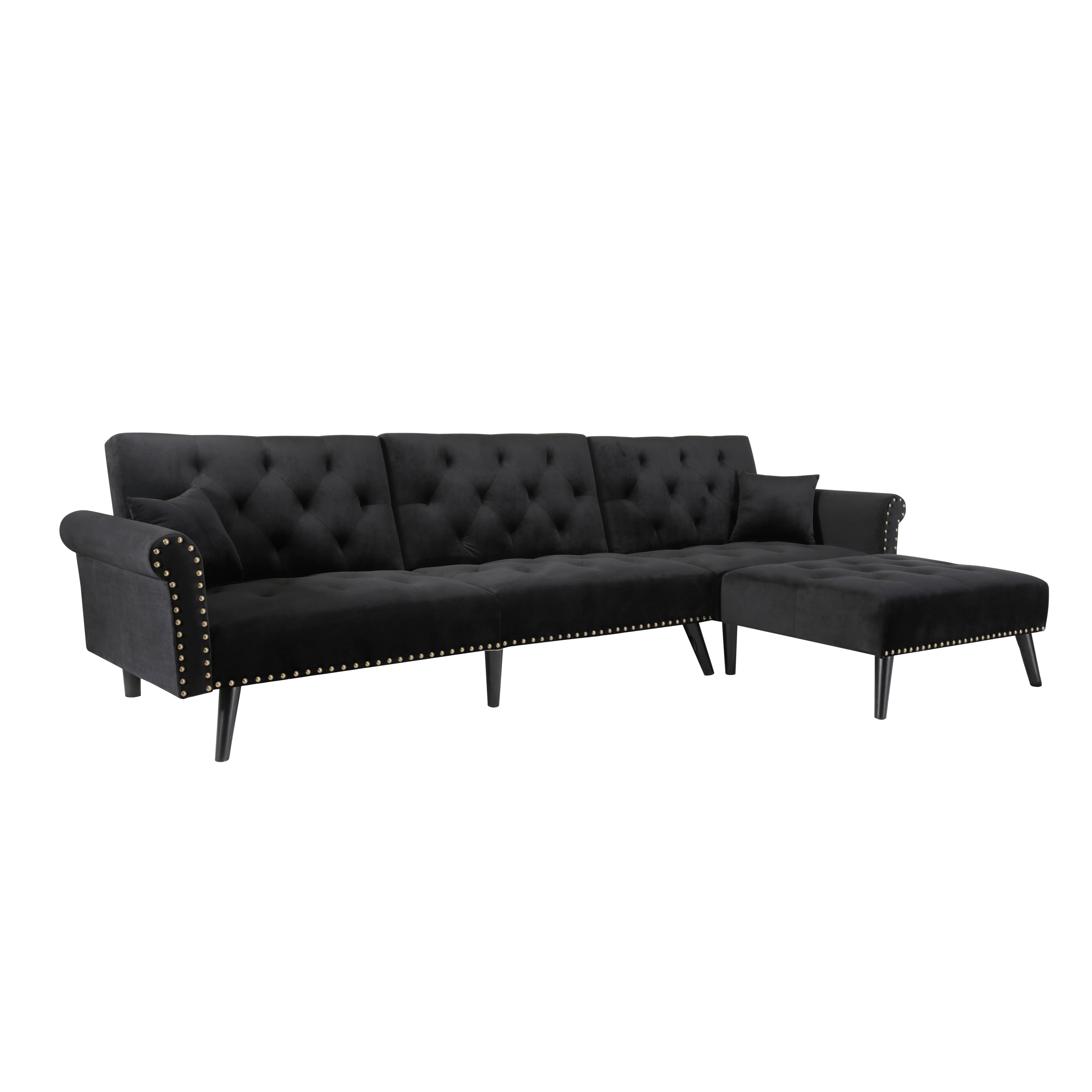 BSHTI 115 inch Stylish Minimalist Sectional Sofa Couch,Velvet Sleeper Futon bed with Reversible Chaise for Living Room(Black)