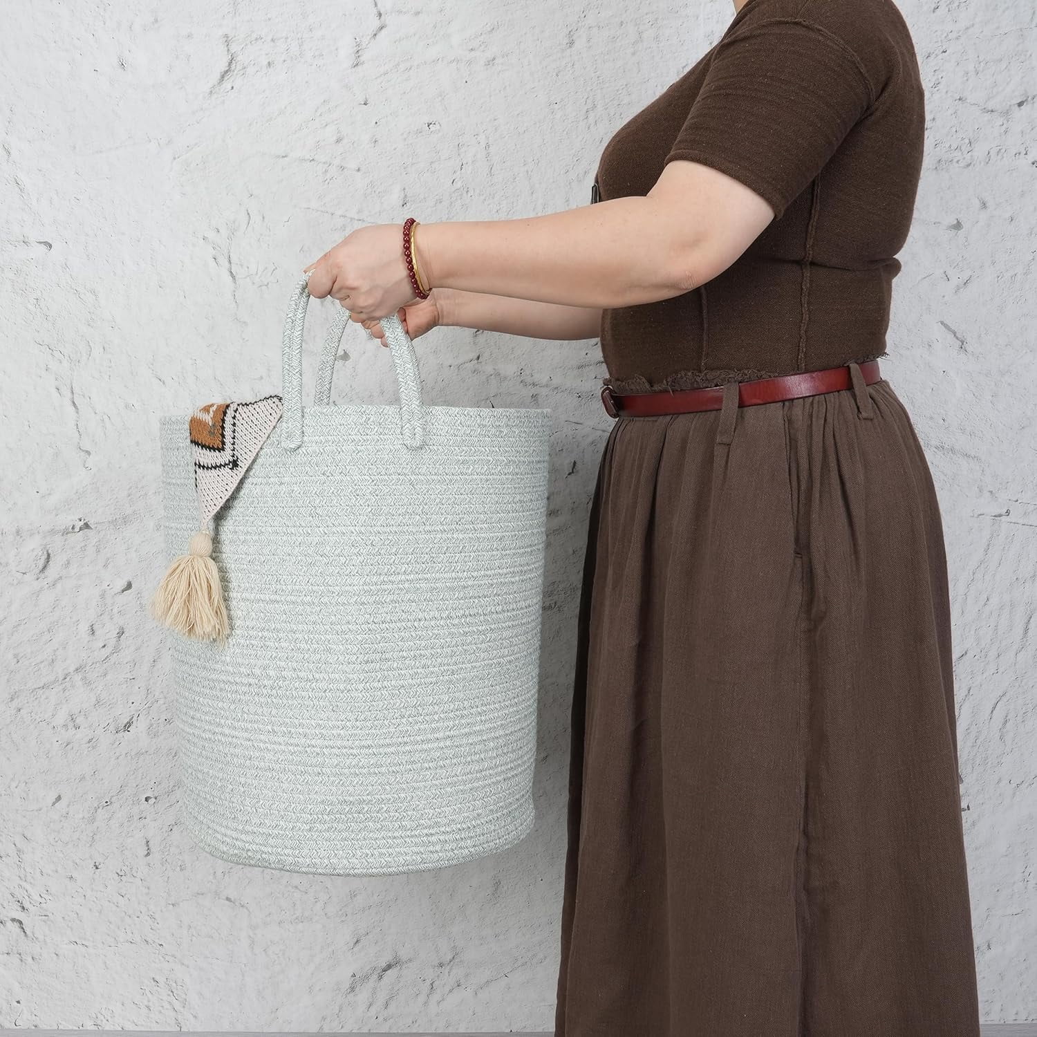 WarmHaven Cotton Rope Laundry Basket Hamper for Clothes Woven Storage Basket for Living Room Bedroom Boho Tall Rope Baskets for Blanket Toys Pillow