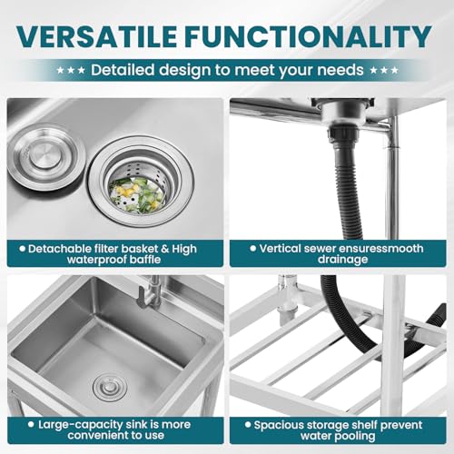 Utility Sink Stainless Steel Free Standing Single Bowl Laundry Outdoor Commercial Kitchen Sink with Cold Hot Pipe for Bar, Garage, Restaurant