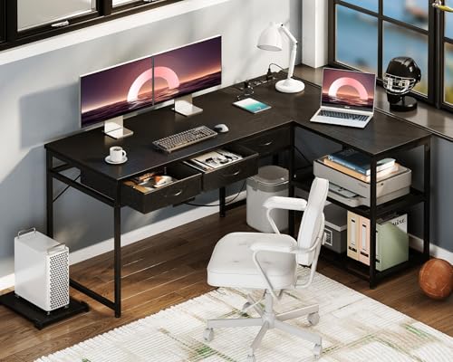 AODK 53 Inch L Shaped Computer Desk with Drawers, Corner Desk with Power Outlets & Reversible Storage Shelves