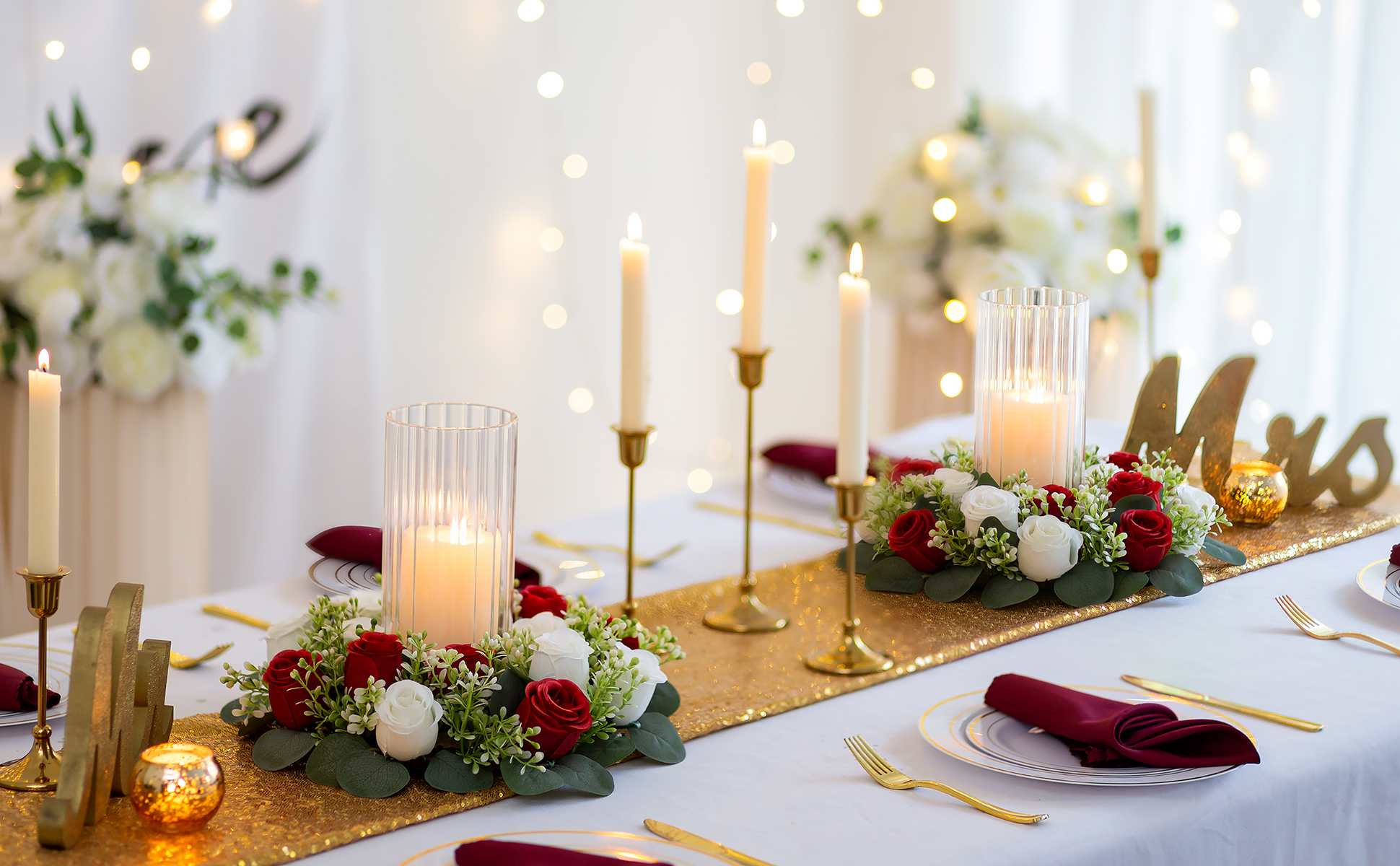 Blosmon Candle Rings Wreaths 6 Pcs 13.4" Large Burgundy & White Artificial Flowers Wedding Centerpiece for Table Spring Summer Fake Rose Wreath for