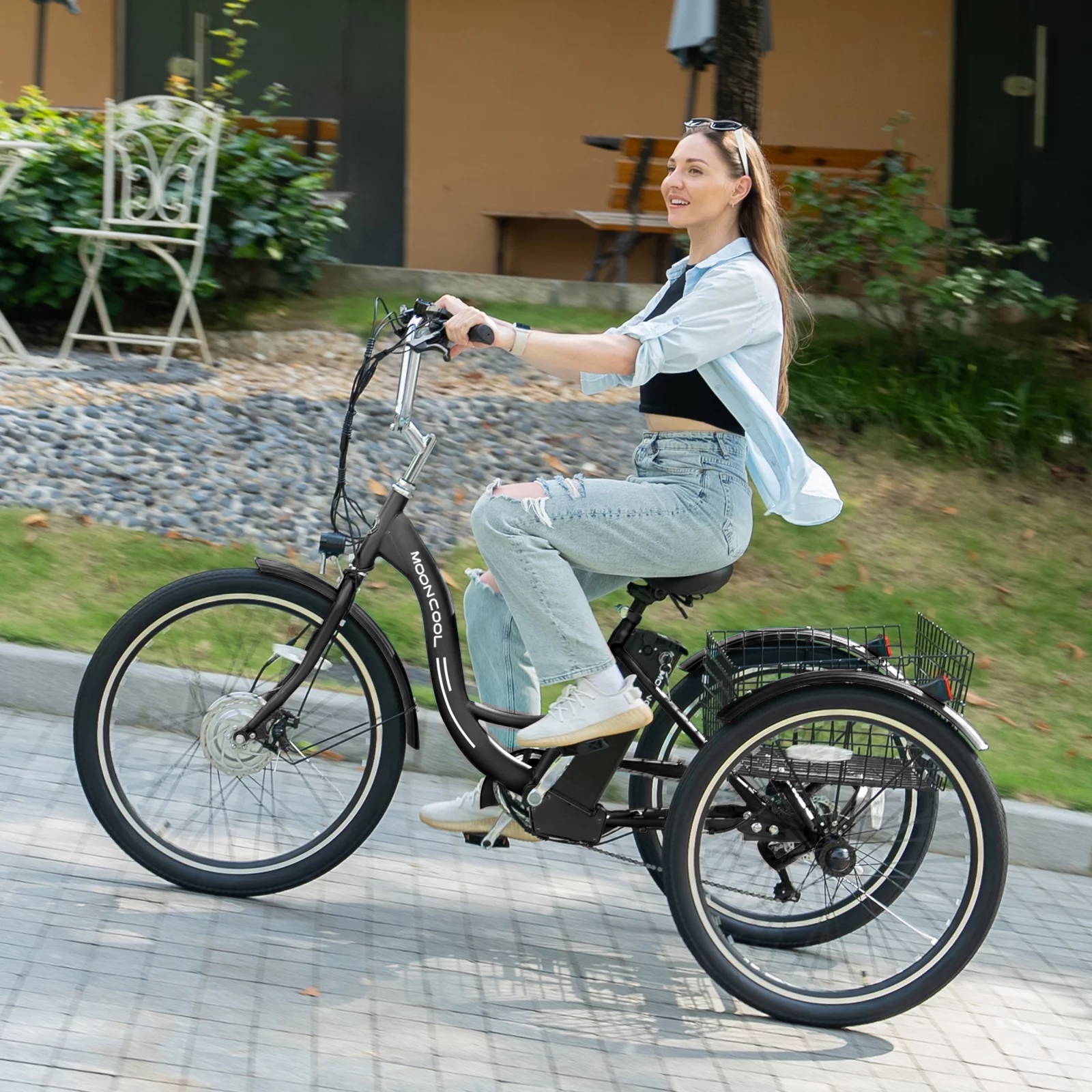 MOPHOTO 26" 350W 36V 7 Speeds Electric Tricycle for Adult, Electric Trike with Basket , 3 Wheel Electric Bikes with Led Headlight