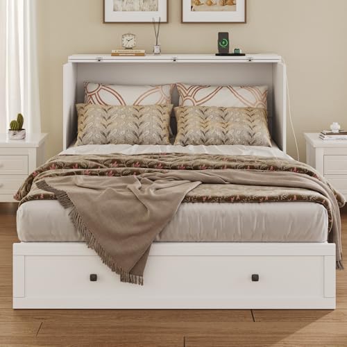 Queen Murphy Bed with Storage & Charging Station, Murphy Cabinet with Foldable Panel, Noisy Free, for Guest Bedroom, Living Room, Office