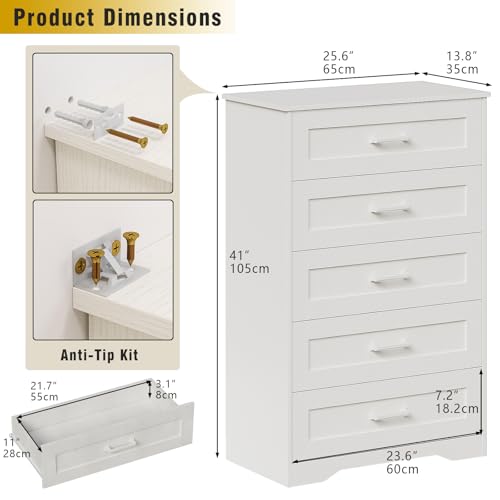 White Wood Dresser for Bedroom with 5 Drawers, Tall Storage Chest of Drawers, Modern Solid Wood Dresser Cabinet for Closet, Nursery, Entryway
