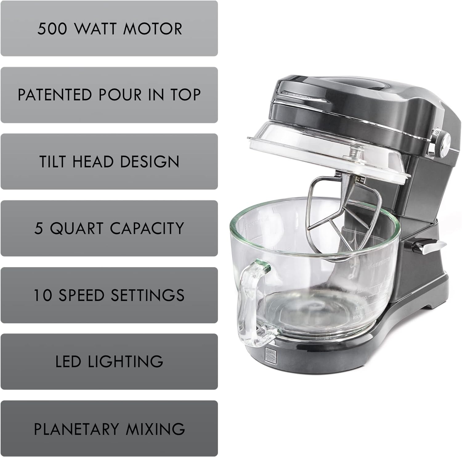 Kenmore Elite Ovation 49090 Exclusive Pour-In Top, 5-Qt. Tilt-Head Kitchen Stand Mixer, Metallic Silver - Smart Home Appliances