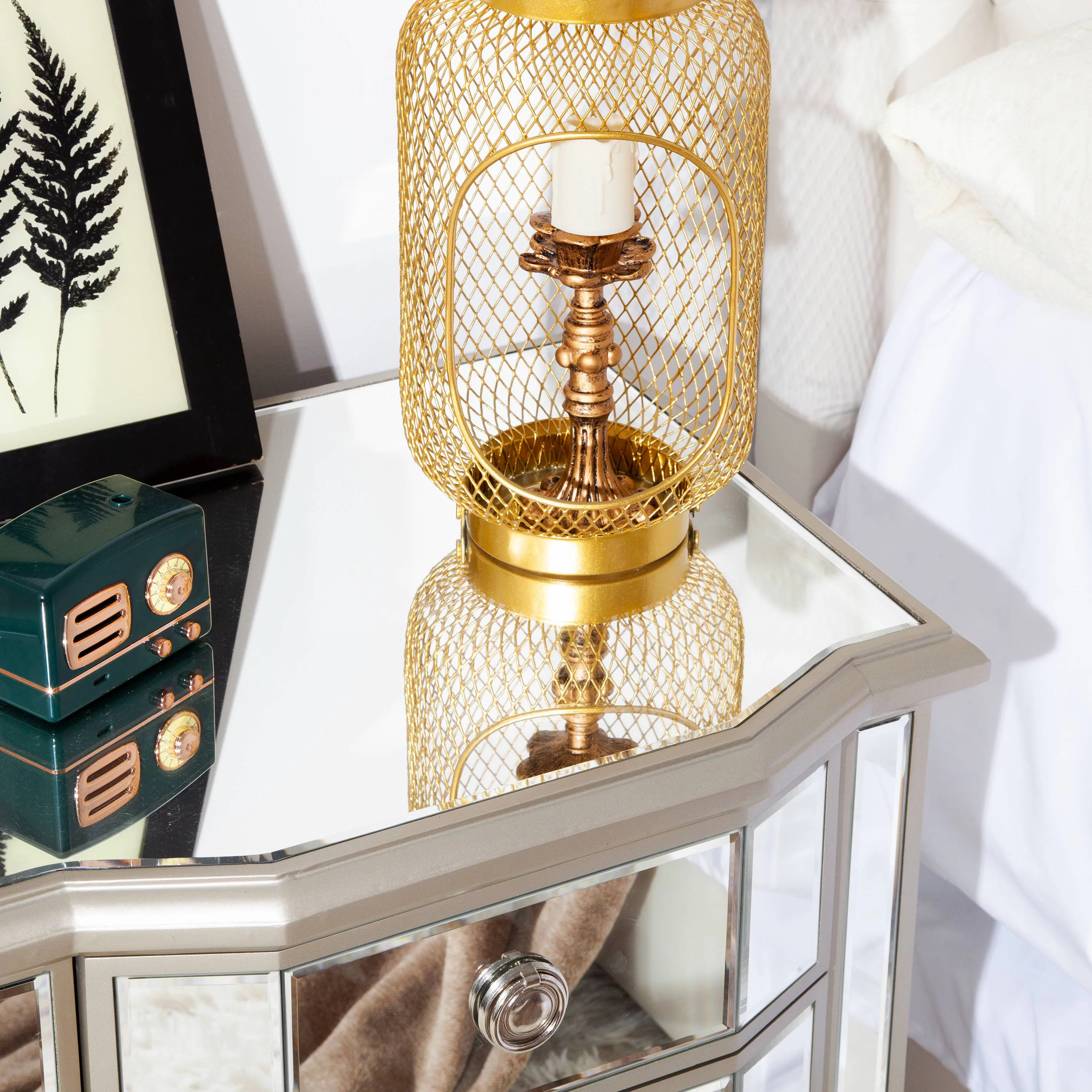 Accent Mirror Glass 3 Drawers Vintage Nightstand End Table Bedside Table Furniture for Bedroom, Living Room