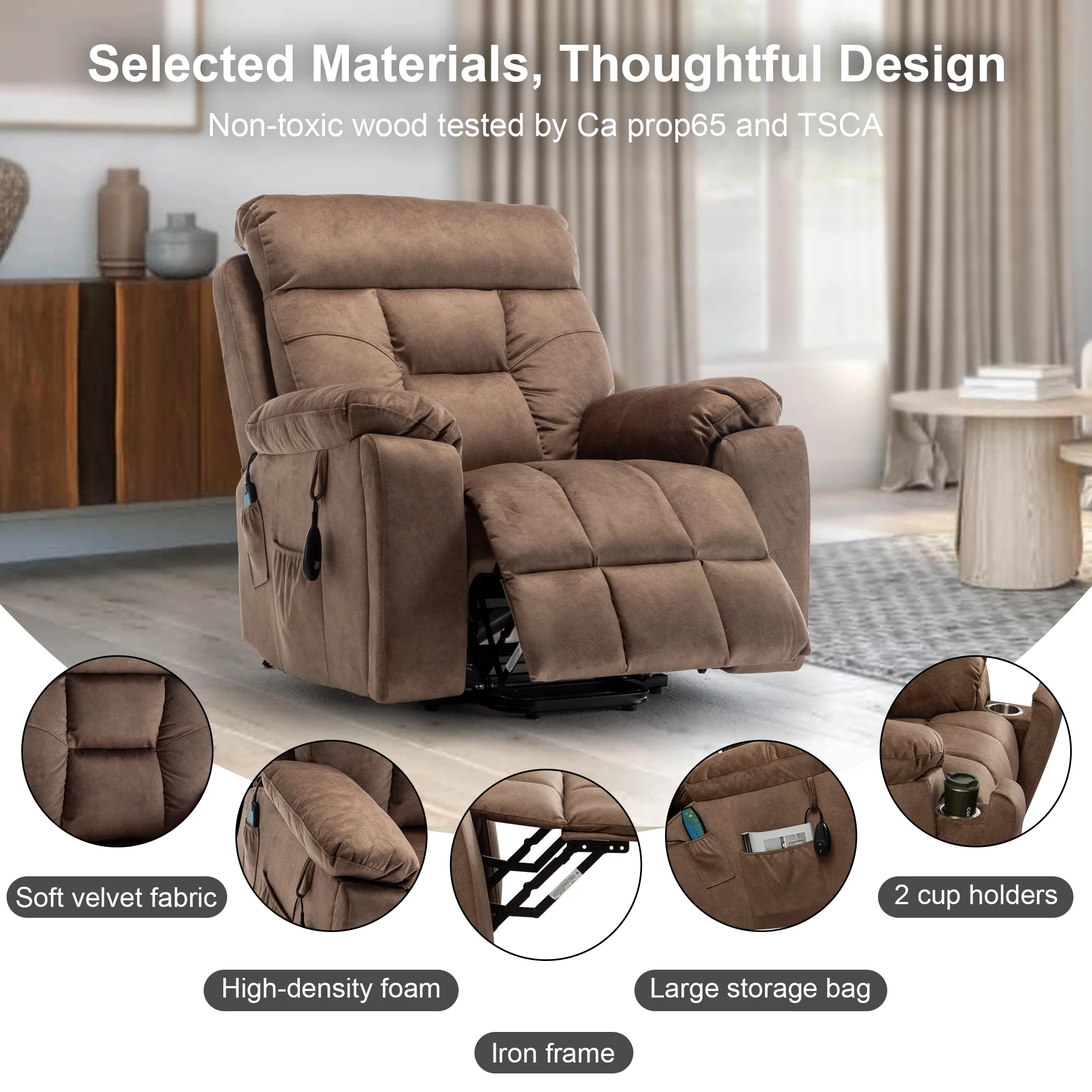 Power Lift Recliner Chair Recliners for Elderly with Heat and Massage, Recliner Chair for Living Room with Side Pocket and 2 Remote Controllers