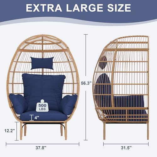 500 Lbs Capacity Oversized Wicker Egg Chair, All-Weather Rattan Egg Lounge Chairs for Patio, Backyard, Living Room