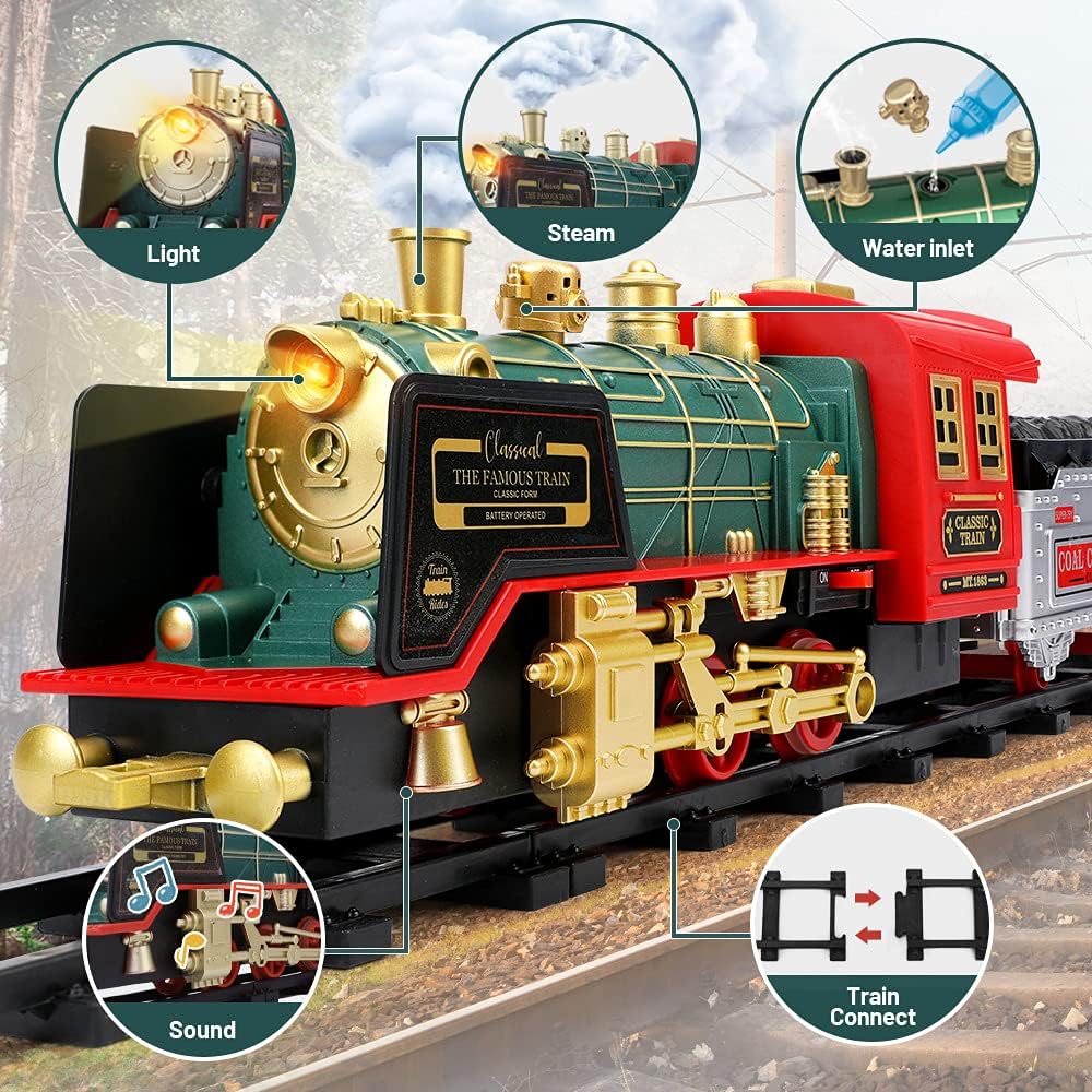 Remote Control Train Set - Electric R/C Train Toy for Kids w/ Smokes,Lights & Sound,Railway Kits w/ Steam Locomotive Engine,Cargo Cars & Tracks