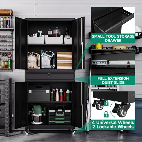 Letaya Metal Garage Storage Cabinet with Drawer,4 Door Tool Cabinet with Lock-2 Adjustable Shelves for Garage Home Office Utility Room (Black)