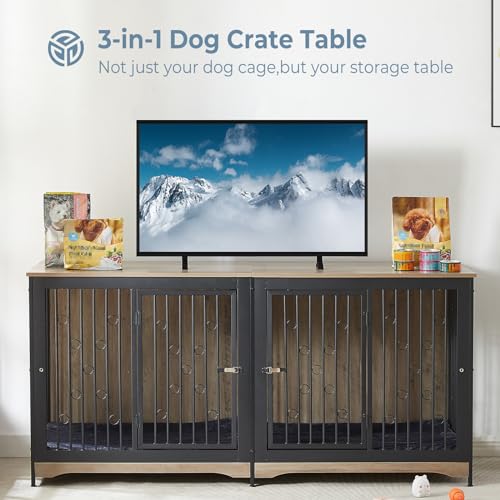 71'' Dog Crate Furniture for 2 Large Medium Dogs, XXL Wooden Indoor Double Crate Kennel Cage Large Breed with Door, TV Stand End Table with Divider