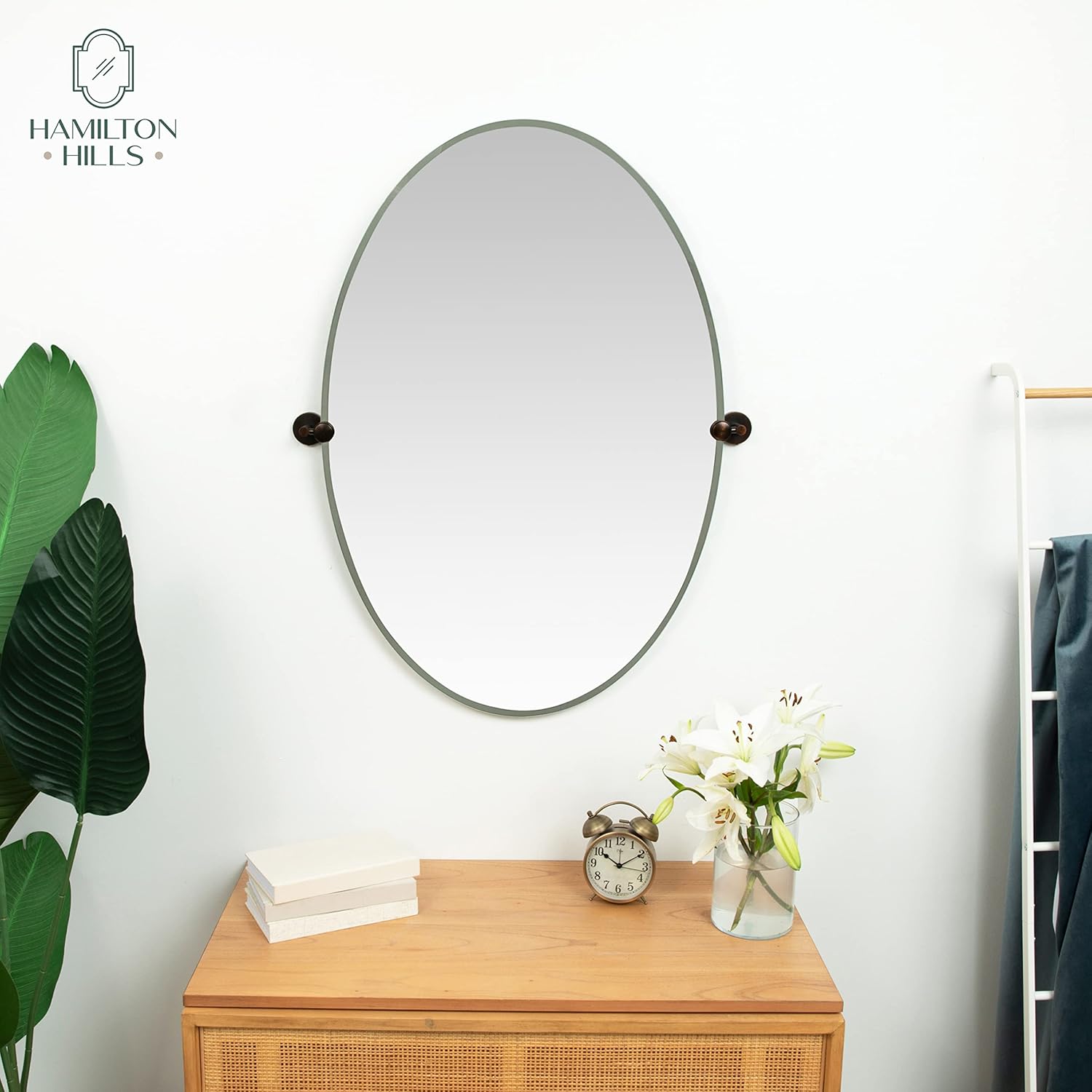 Hamilton Hills 24x36 inch Frameless Oval Pivot Wall Mirror with Oil Rubbed Bronze Rounded Wall Brackets | Large Circular Tilt & Pivoting Bathroom