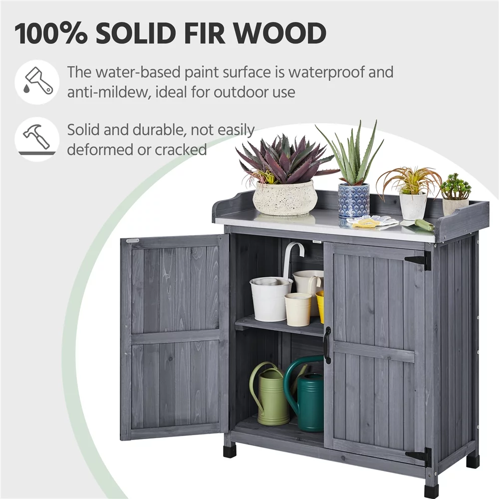SmileMart Wooden Garden Potting Bench Table with Cabinet for Outdoor, Gray