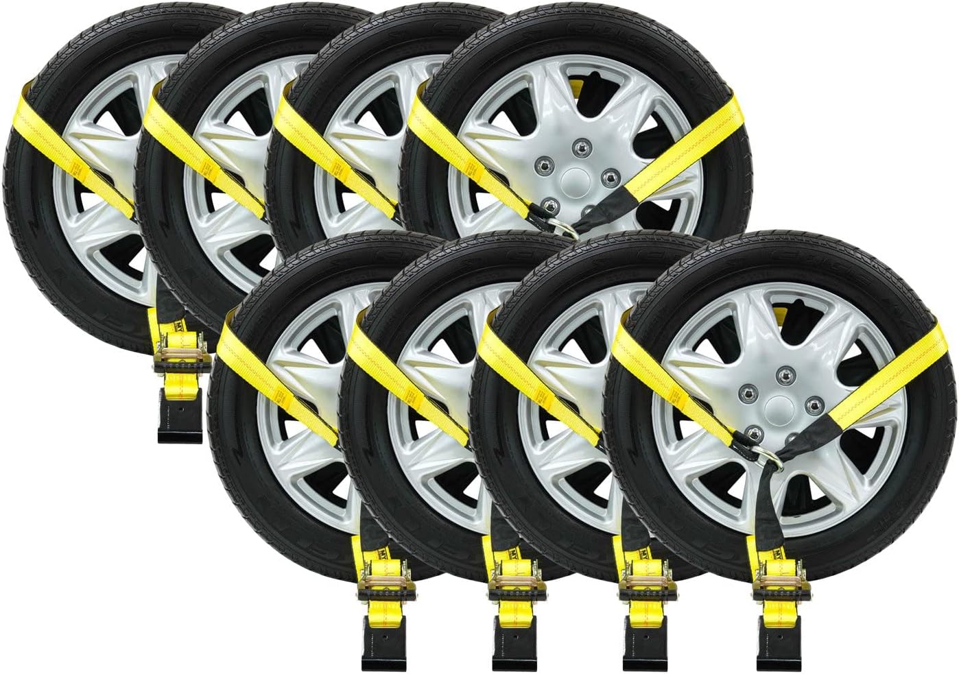 Mytee Products (4 Pack 2 x 14' Car Tie Down Lasso Ratchet Strap with Flat Hook - Tire Straps for Car Trailer - Wheel Straps for Hauling Cars