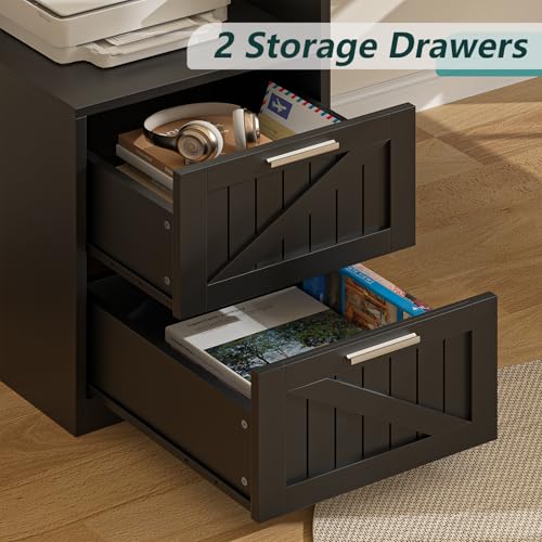 63" Farmhouse L Shaped Executive Desk with Drawers & Storage Shelf, Corner Computer Desk with Power Outlets, L Shaped Office Desk with Monitor Stand