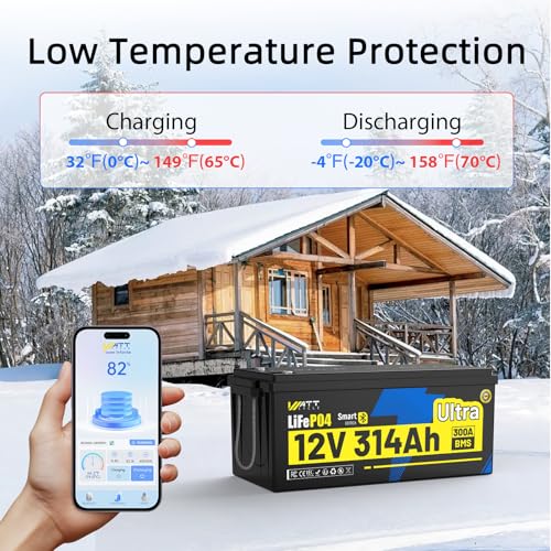 12V 314Ah Mini LiFePO4 Lithium Battery with Bluetooth 5.0, 200A BMS, 4.01kWh Energy, Upgraded Aluminum Cooling Fins & Braided Copper Wires, for RV