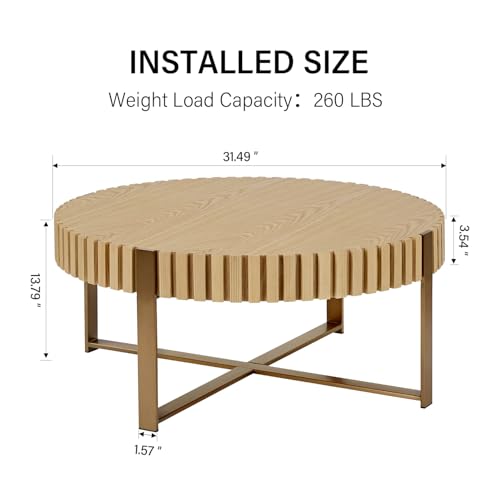 31.5'' Round Coffee Table, Modern Coffee Table Circle Solid Wood Coffee Table with Stainless Steel Gold Legs