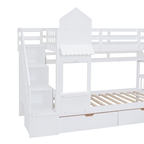 Kids Bunk Bed with Stairs and Slide, Wood Twin Over Twin Bunk Bed with Storage Drawers and Shelves, Castle Style Bunk Beds for Kids Teens Girls Boys