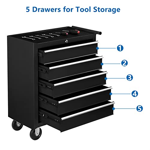 TUFFIOM 5-Drawer Rolling Tool Chest w/Drawers & Lock, Tool Storage Cabinet with Lockable Wheels, Top Cushion & Drawer Liners