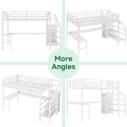 Queen Size Metal Loft Bed with L Shaped Desk and Wardrobe, Heavy Duty Loft Bed Frame with Storage Stairs, High Loft Bed Frame with LED