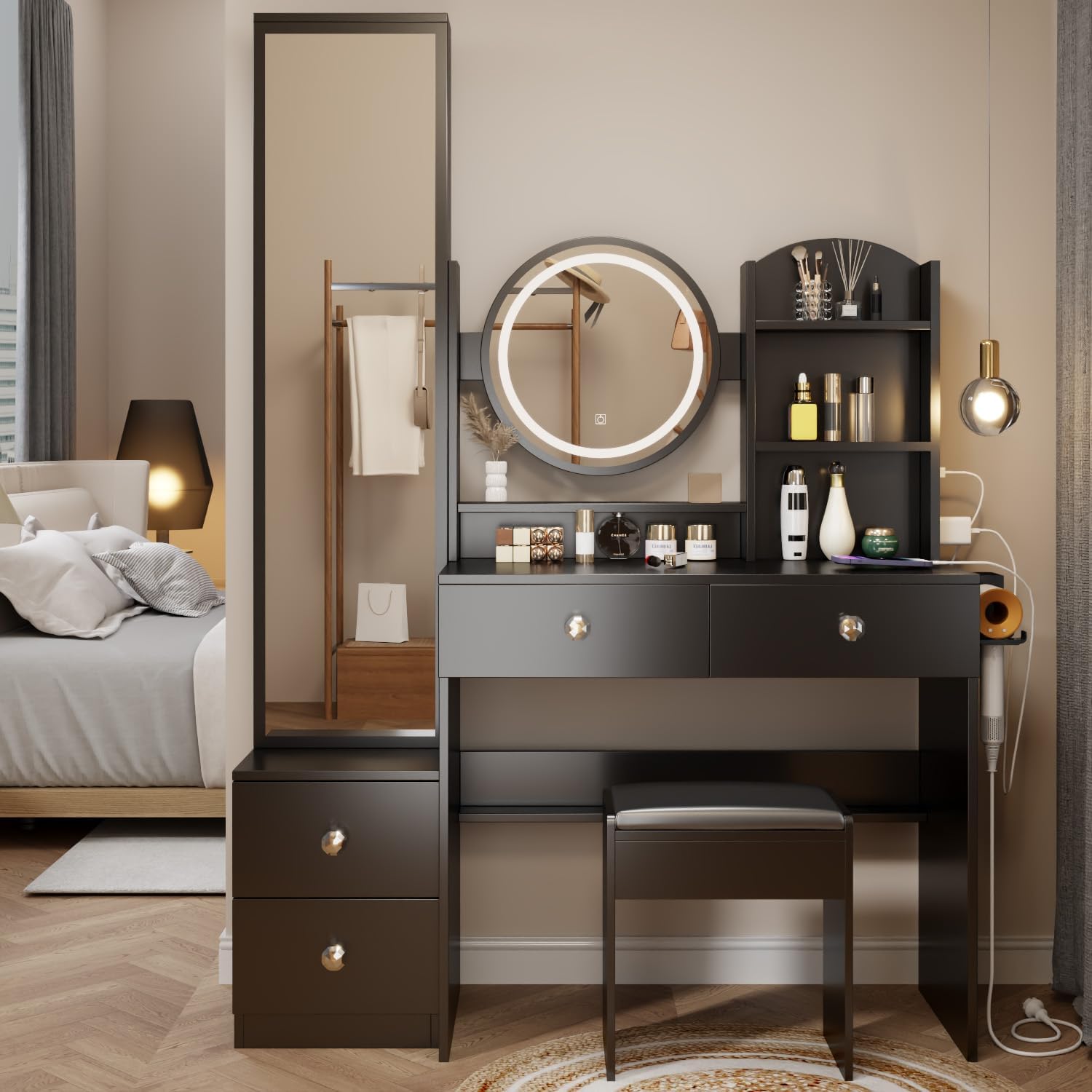 NicBex 43.3" Makeup Vanity Desk with Mirror and Full Body Mirror Cabinet, 3-Colors Vanity Mirror with 2 AC + 2 USB Socket