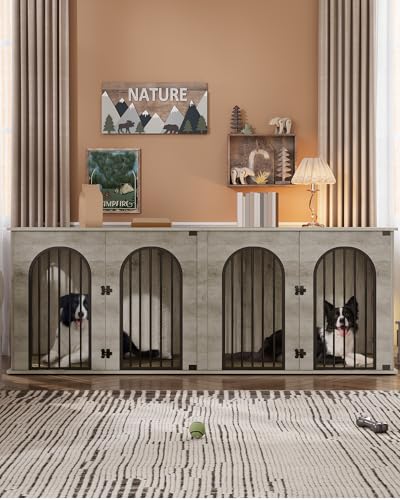 71" Dog Crate Furniture for 2 Dogs, Heavy Duty Indoor Dog Kennel TV Stand, XXL Wooden Dog Cage with Divider for Medium Large Dogs