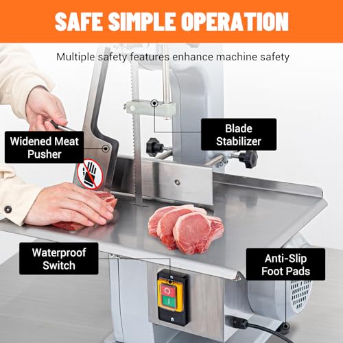 Commercial Electric Meat Saw, 750W Bone Saw For Butchering,110V Meat Bandsaw, Bone Cutting Machine with 2 Saw Blades,0.39-4.3 Cutting Thickness