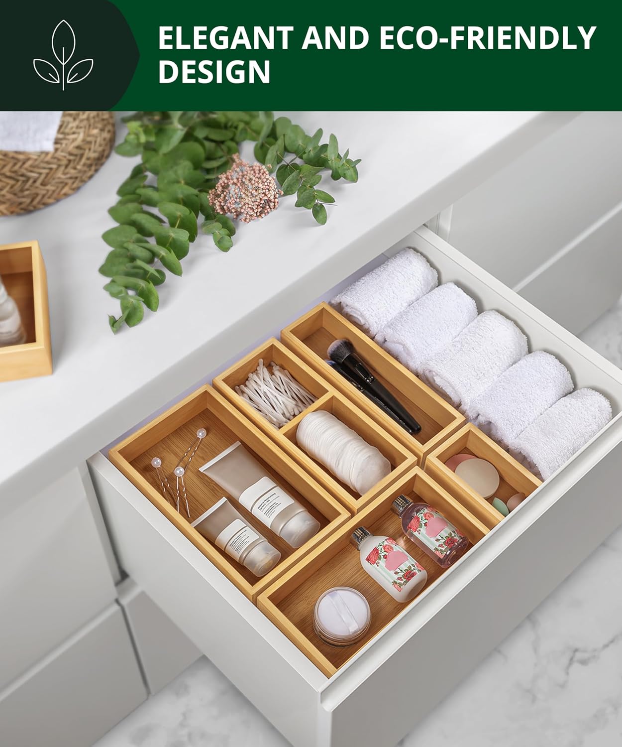 ROYAL CRAFT WOOD 5-Piece Bamboo Drawer Organizer Set – Multi-Use Storage Trays for Kitchen, Bathroom, Office, Makeup