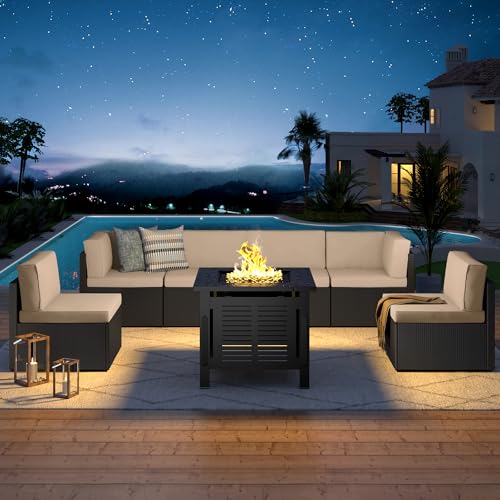 U-MAX 7 Piece Outdoor Patio Furniture Set, PE Rattan Outdoor Wicker Sectional Furniture Chair Set with Cushions and Tea Table