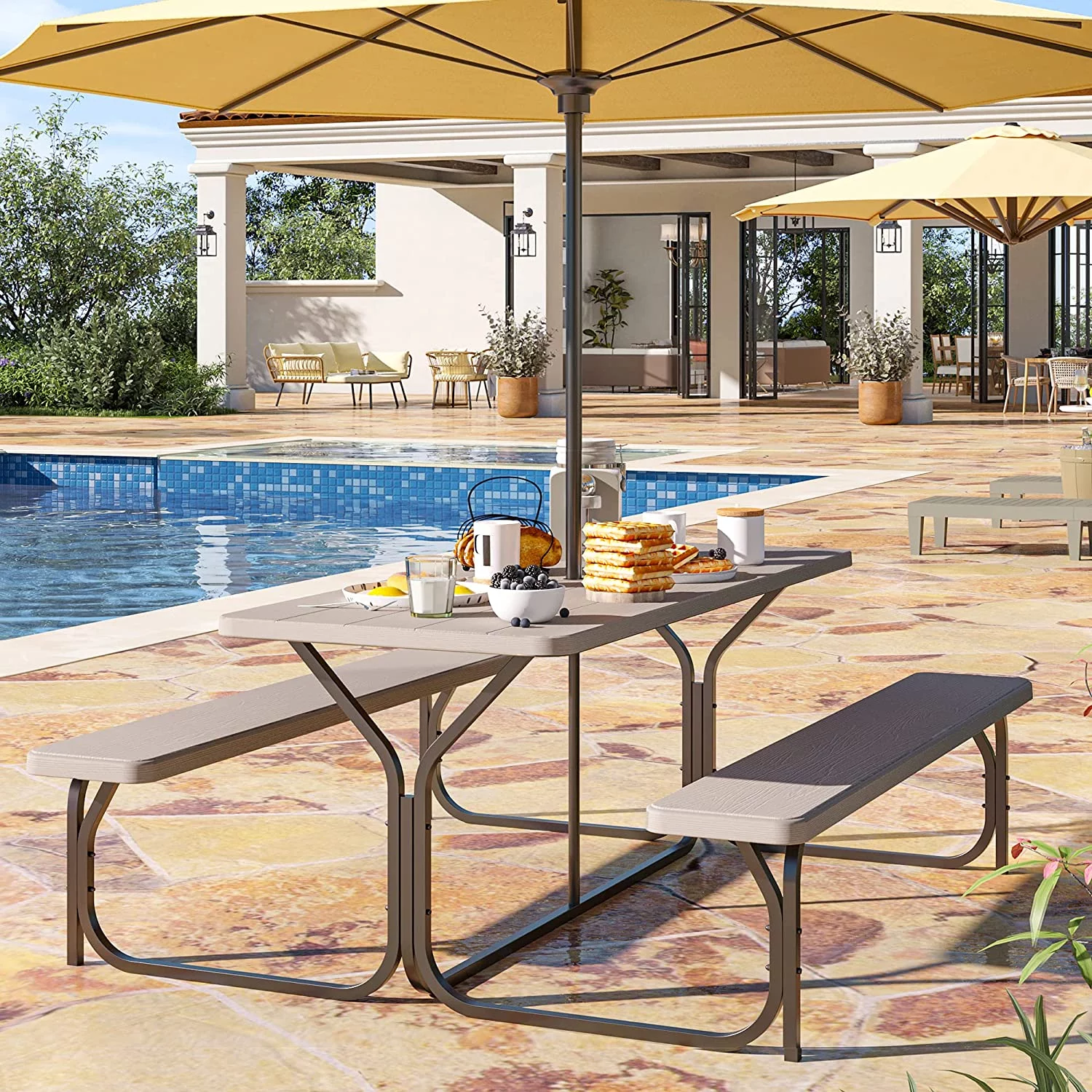 Dextrus Picnic Table Bench Set 6 ft Outdoor Camping with Stable Steel Frame & Wooden Texture Tabletop Weather Resistant w/Umbrella Hole - Light Brown