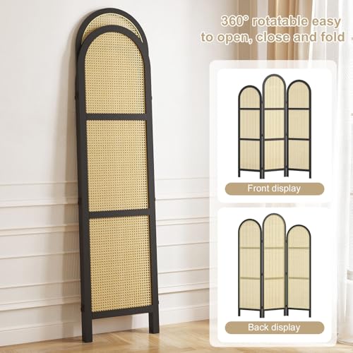 Room Divider and Folding Privacy Screens, Pine Wood 5.6 Ft Double Hinged Rattan Partition Freestanding Wall Room Divider for Home - 3 Panels