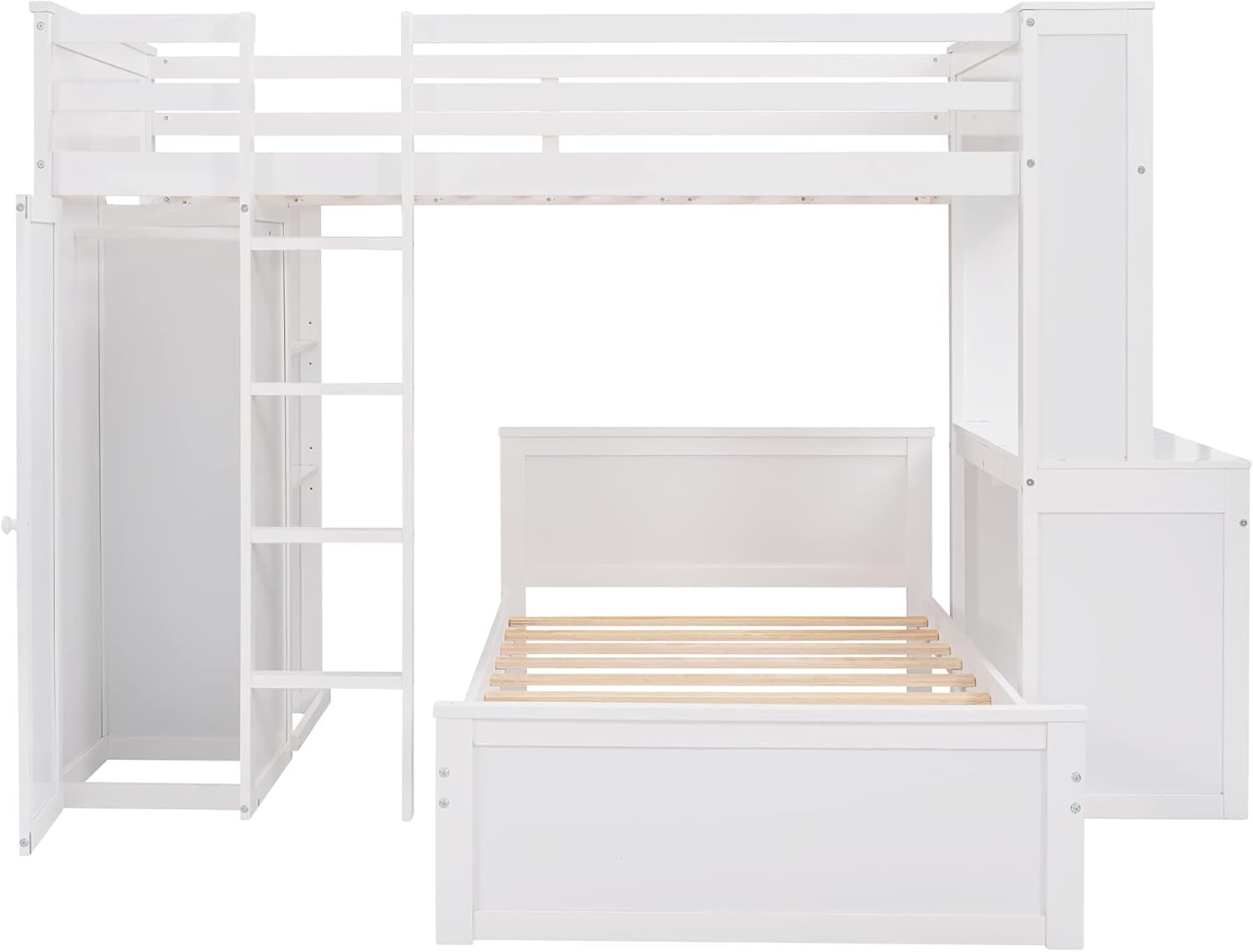 Twin Wooden Bunk Loft Bed with Shelves Desk and Wardrobe for Kids Teens Adults, White