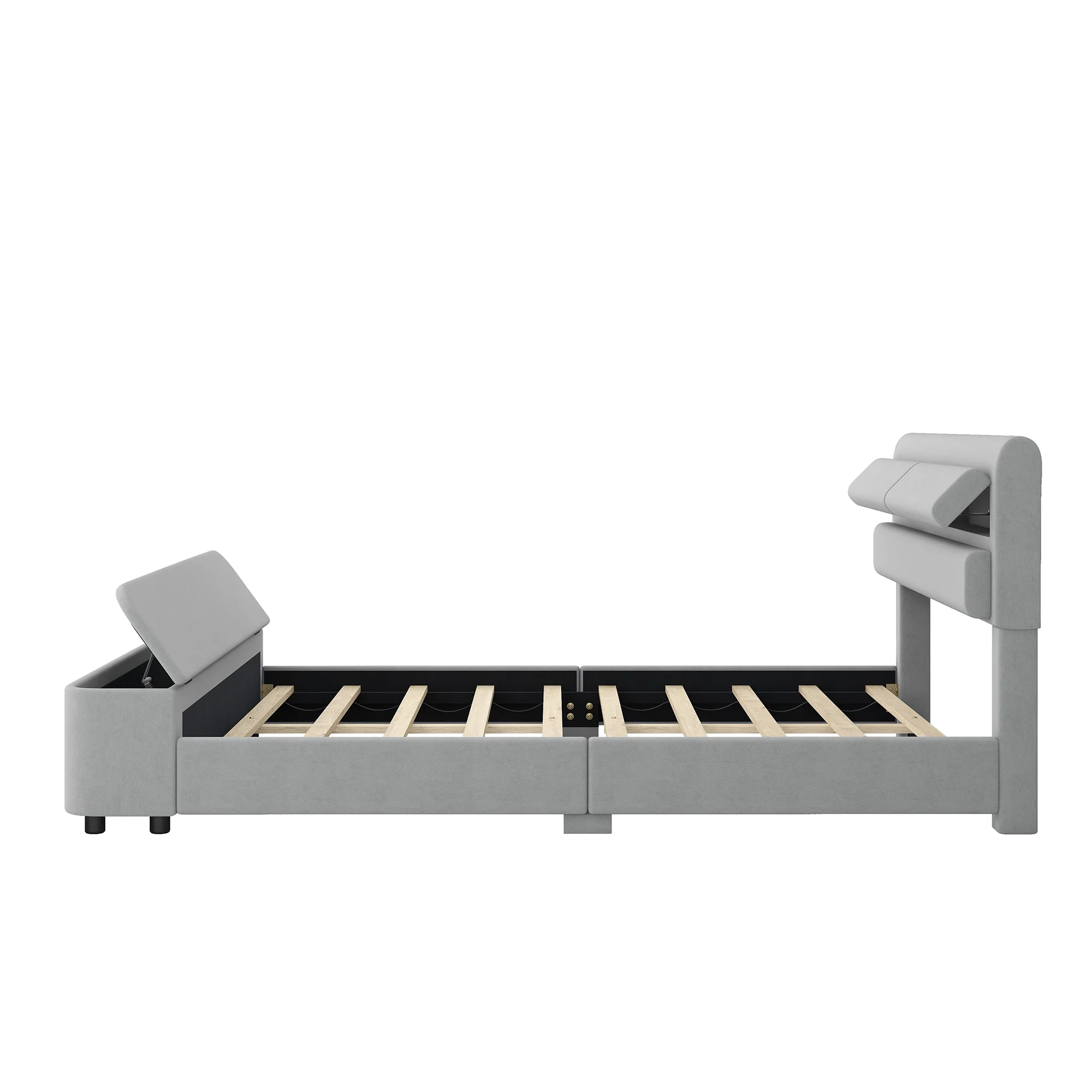 Dawn Whisper Queen Size Upholstery Platform Bed with Storage Headboard and Footboard, Support Legs, Grey