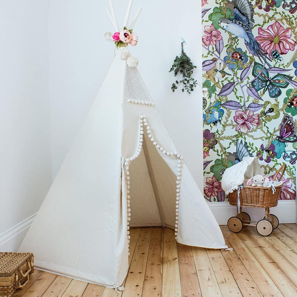 RONG FA Kids Teepee Tent- Foldable Teepee Play Tent for Boys and Girls, Indoor/Outdoor Cotton Canvas Tent (Lace White Pompom)